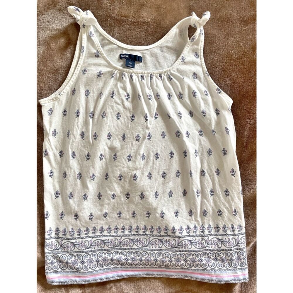 GAP Kids Girls Cream Tank Top with Blue Floral Print and Faux Tie Straps Size L